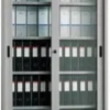 Armadio metallico, porte scorrevoli vetro 4+4, 150x45x200h cm - GRIGIO