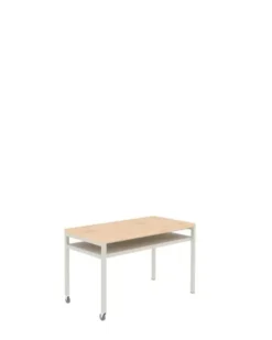 Banco da lavoro alto 150x75x90h cm con due ruote, piano in legno massello e sottopiano