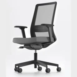 Poltroncina con braccioli e schienale in rete colore nero - seduta in ecopelle grigio